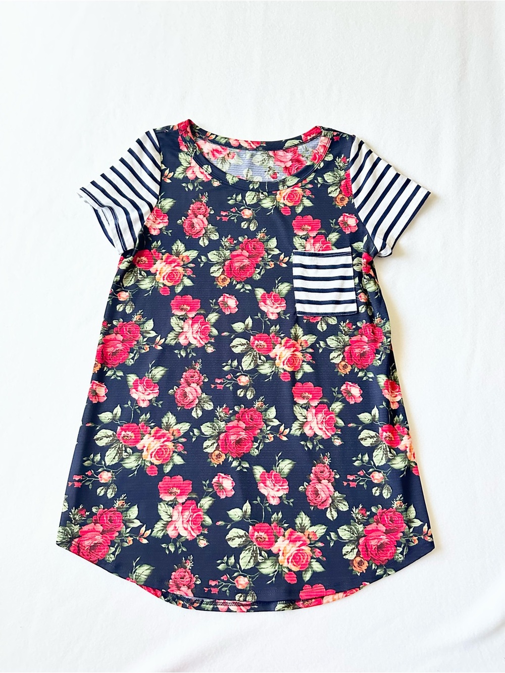 Merokeety Women Floral Top Large Navy Blue Stripe Sleeve Chest Pocket Blouse